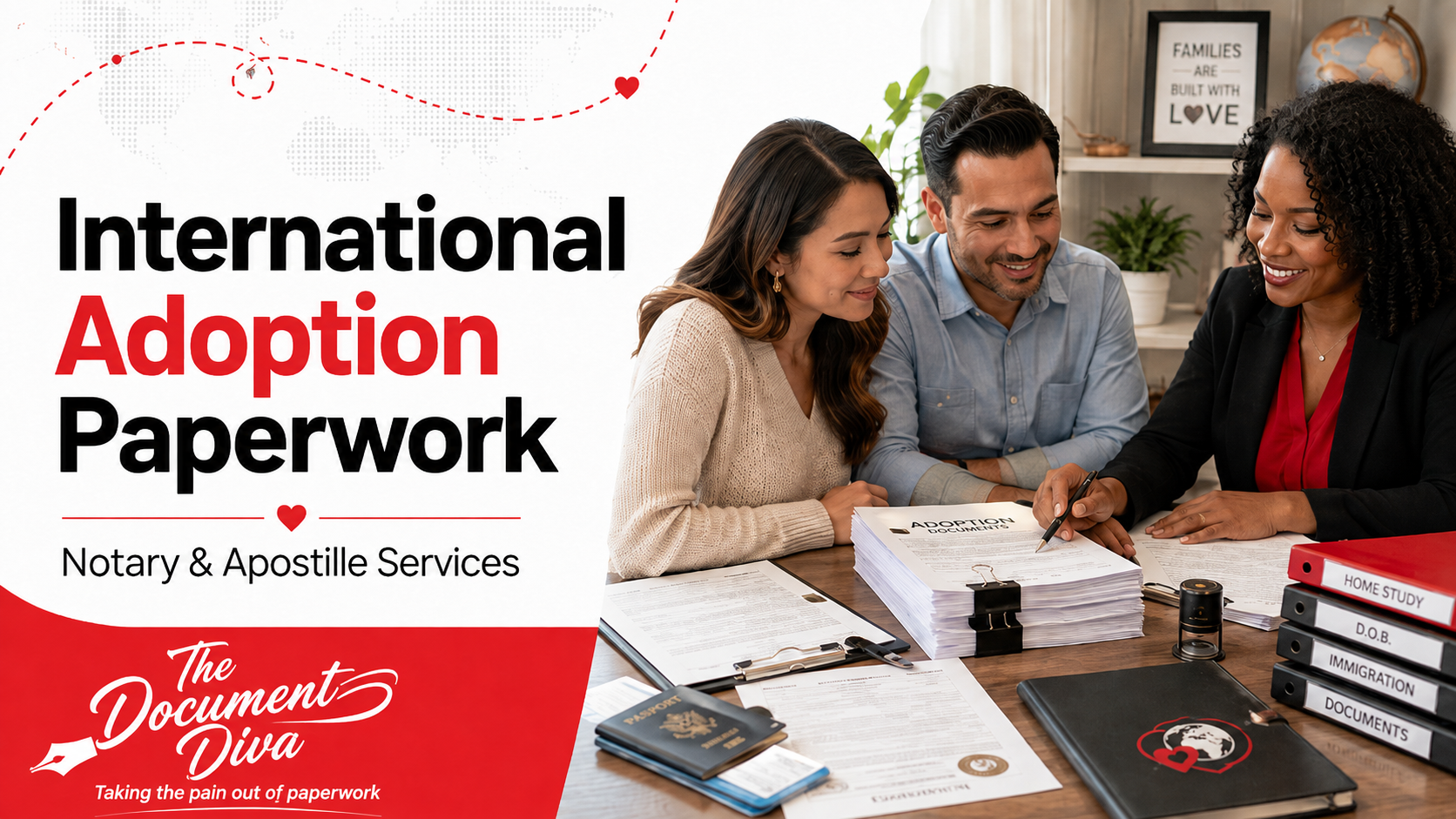 International adoption paperwork notary and apostille services with The Document Diva assisting a couple with adoption documents.